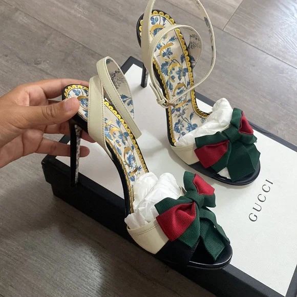 Gucci Women s Metallic Web Bow Leather Sandal Heels